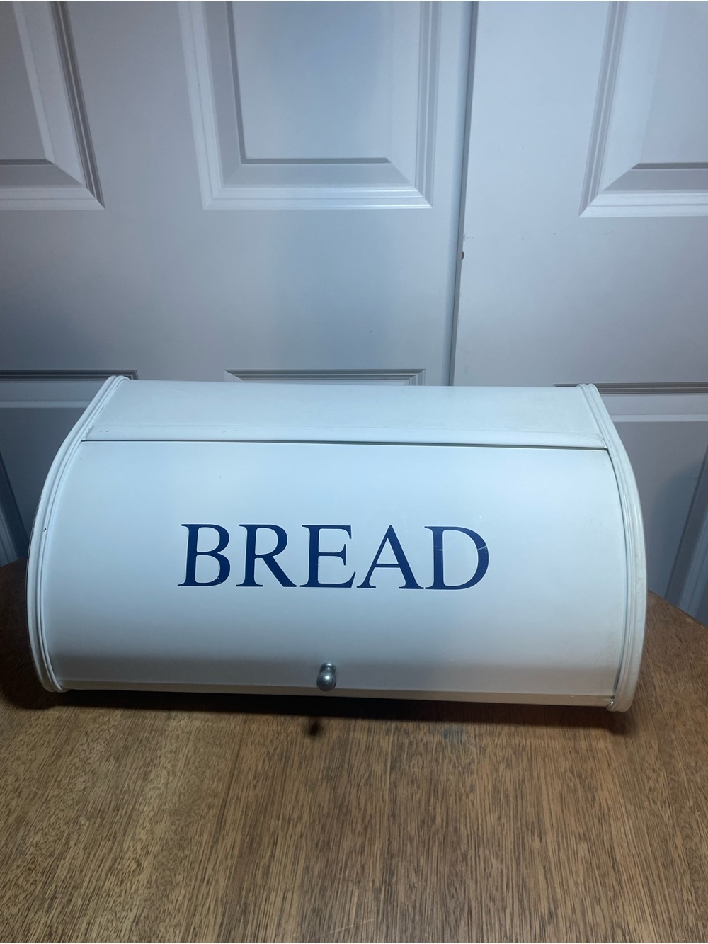 White Metal Roll Top Bread Box Blue Lettering Farmhouse Kitchen Storage
